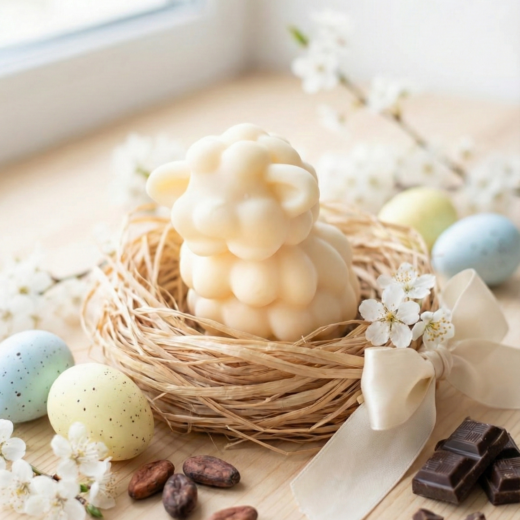 Białe mydło Baranek Brownie w słomianym gniazdku z pastelowymi pisankami i kawałkami czekolady. Zapach dark chocolate.