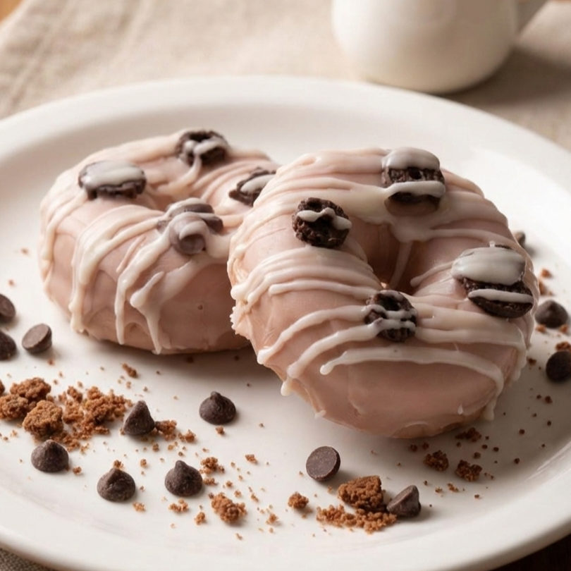 Mydło Choco Donut wyglądające jak pączek z białą polewą i kawałkami czekolady. Słodka aranżacja na talerzu.