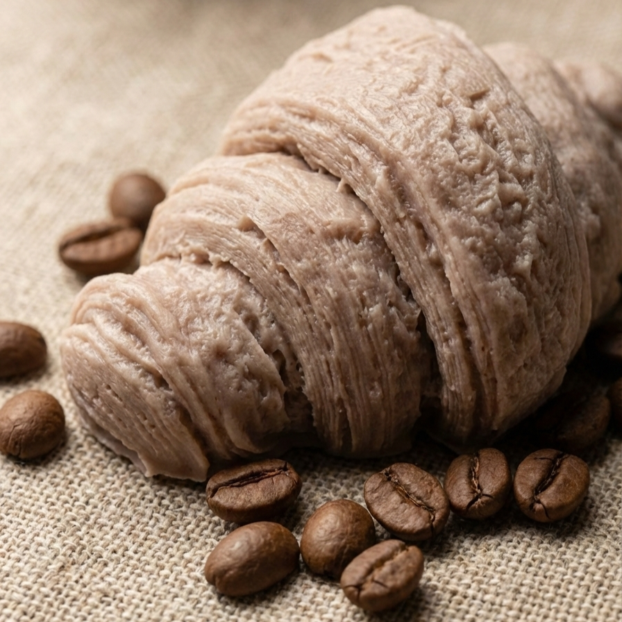 Beżowe mydło Croissant Cappuccino o realistycznym kształcie rogalika i fakturze ciasta, otoczone ziarnami kawy.