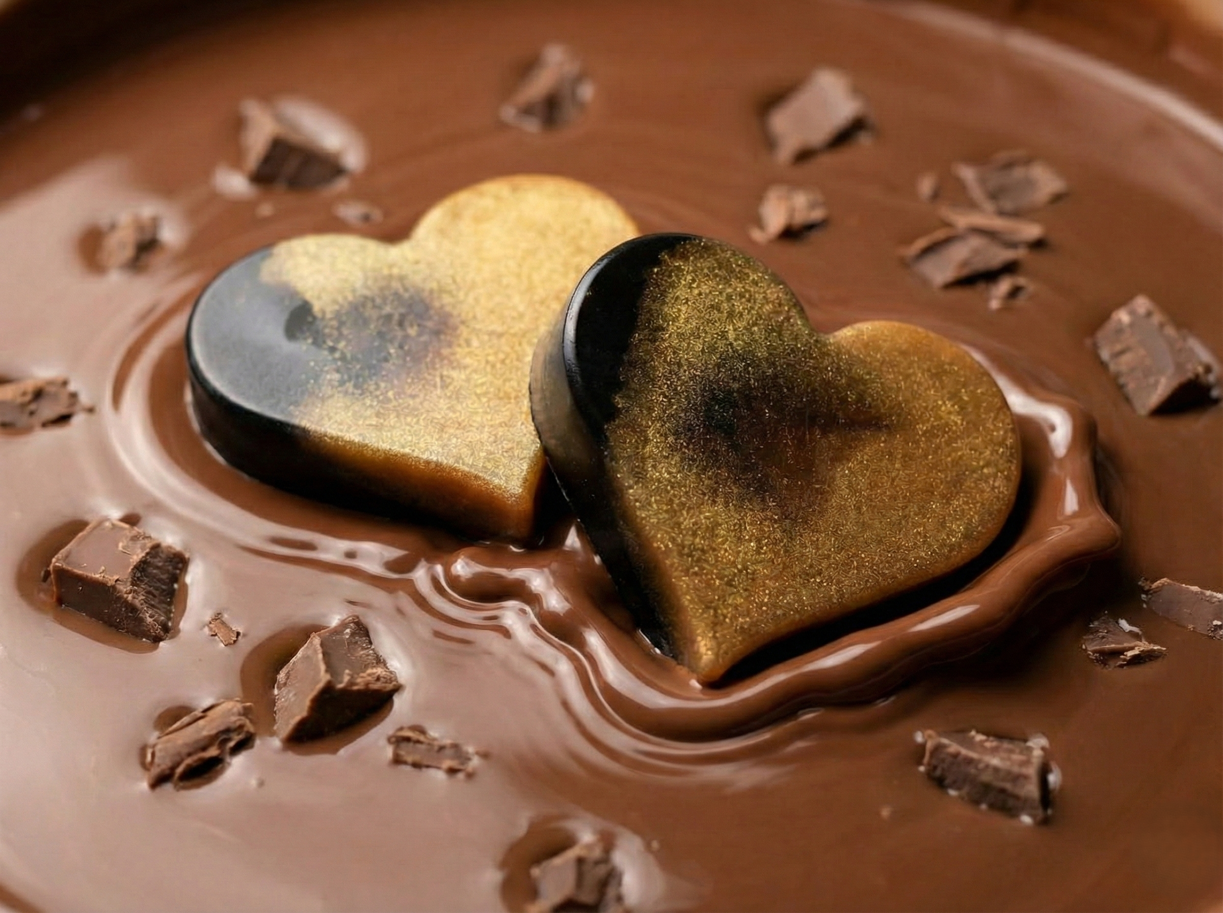 Naturalne mydło Czekoladowa Rozkosz w kształcie serca pokryte złotym pyłem. Luksusowe mydełka w otoczeniu ciemnej czekolady.