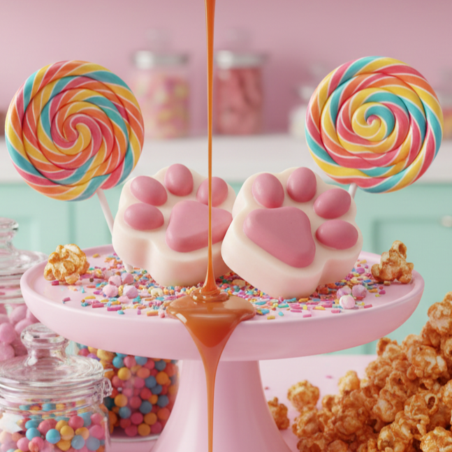 Różowo-kremowe mydło dla dzieci Karmelowa Łapka na paterze z lizakami. Słodka aranżacja łazienkowa w stylu cukierni.