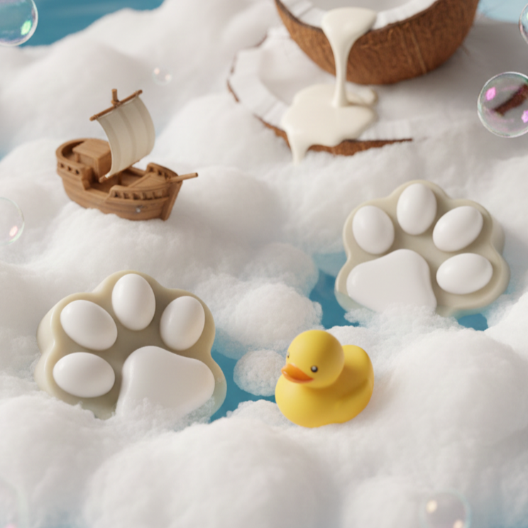 Białe mydło dla dzieci Kokosowa Łapka w kształcie łapki. Delikatna aranżacja na puszystych chmurkach z gumową kaczuszką.