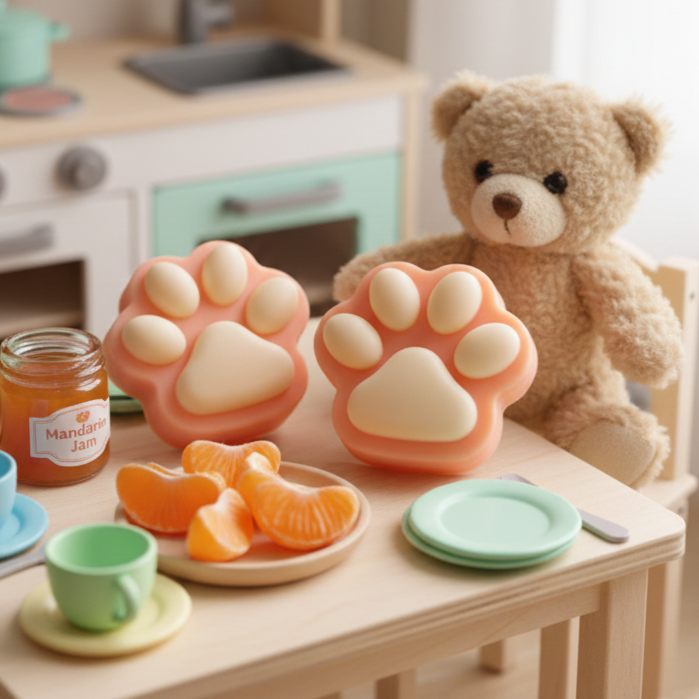 Mydło dla dzieci Mandarynkowa Łapka na stoliku z zabawkami. Pomarańczowe mydełko w kształcie łapki podczas przyjęcia z misiem.