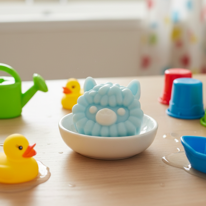 Niebieskie mydło dla dzieci Morska Alpaka w kształcie lamy. Świeże mydełko w otoczeniu gumowych kaczuszek i zabawek.