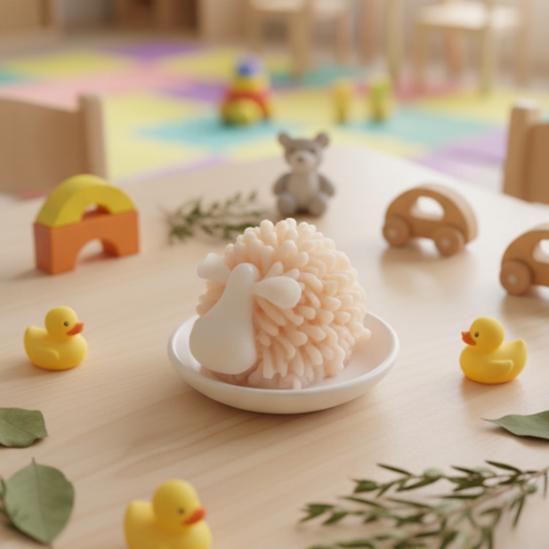 Kremowe mydło dla dzieci Owieczka Tutti-Frutti w kształcie puszystego baranka. Mydełko w otoczeniu gumowych kaczuszek.