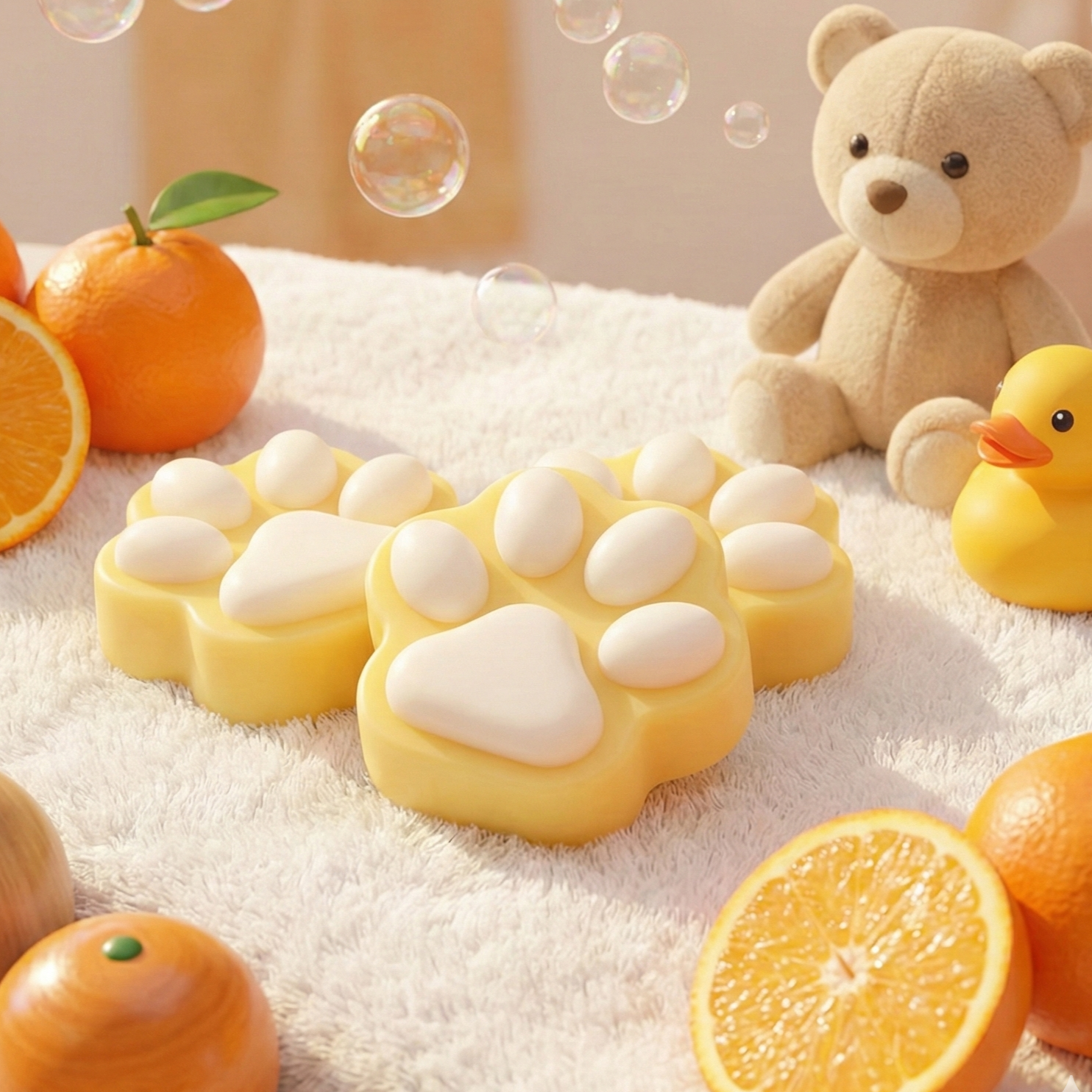 Delikatne mydło dla dzieci Pomarańczowa Łapka o zapachu cytrusów. Kremowe mydełko w kształcie łapki do wesołej kąpieli.