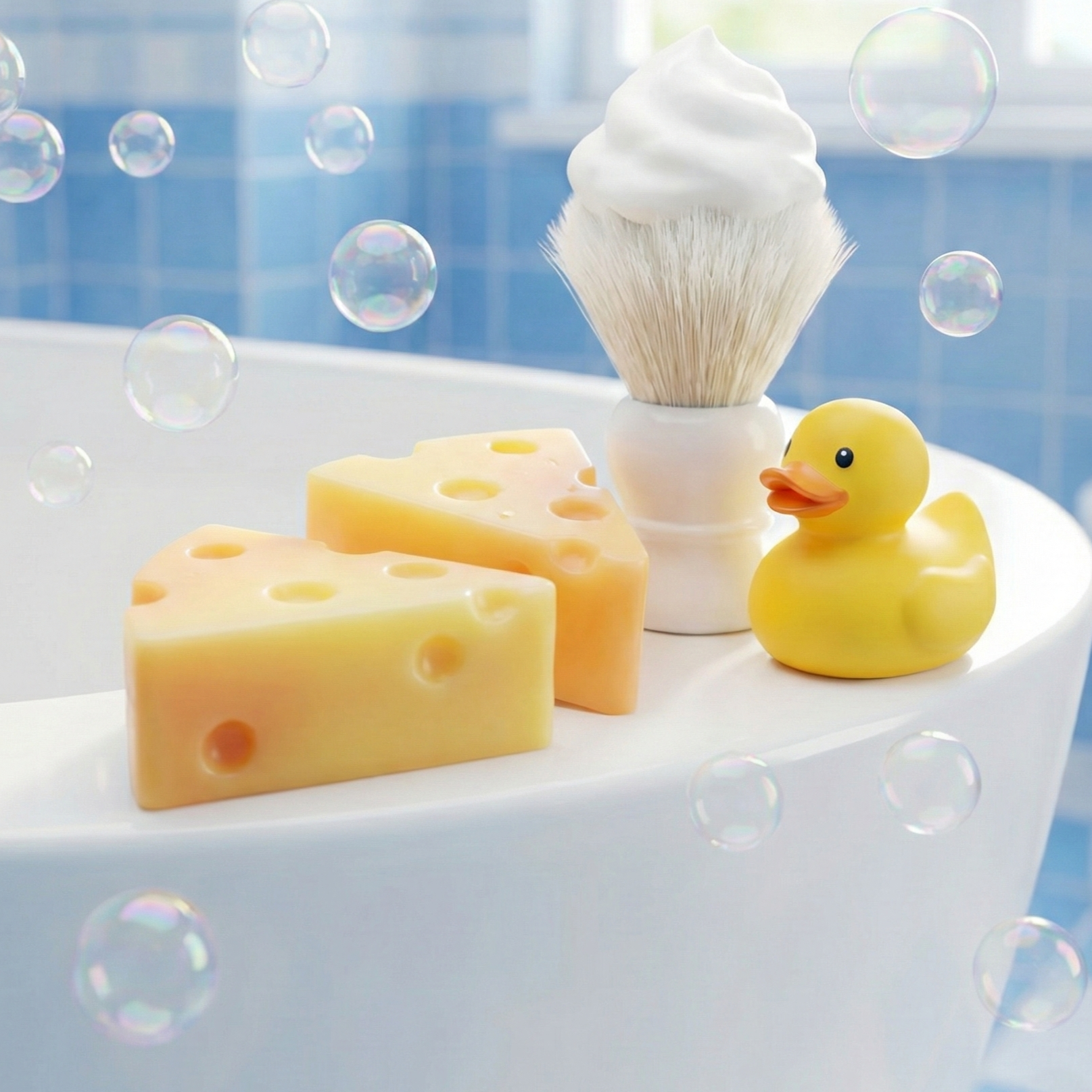 Delikatne mydło dla dzieci Słodki Serek w kształcie sera. Wesoła kąpiel z bąbelkami i gumową kaczuszką na brzegu wanny.