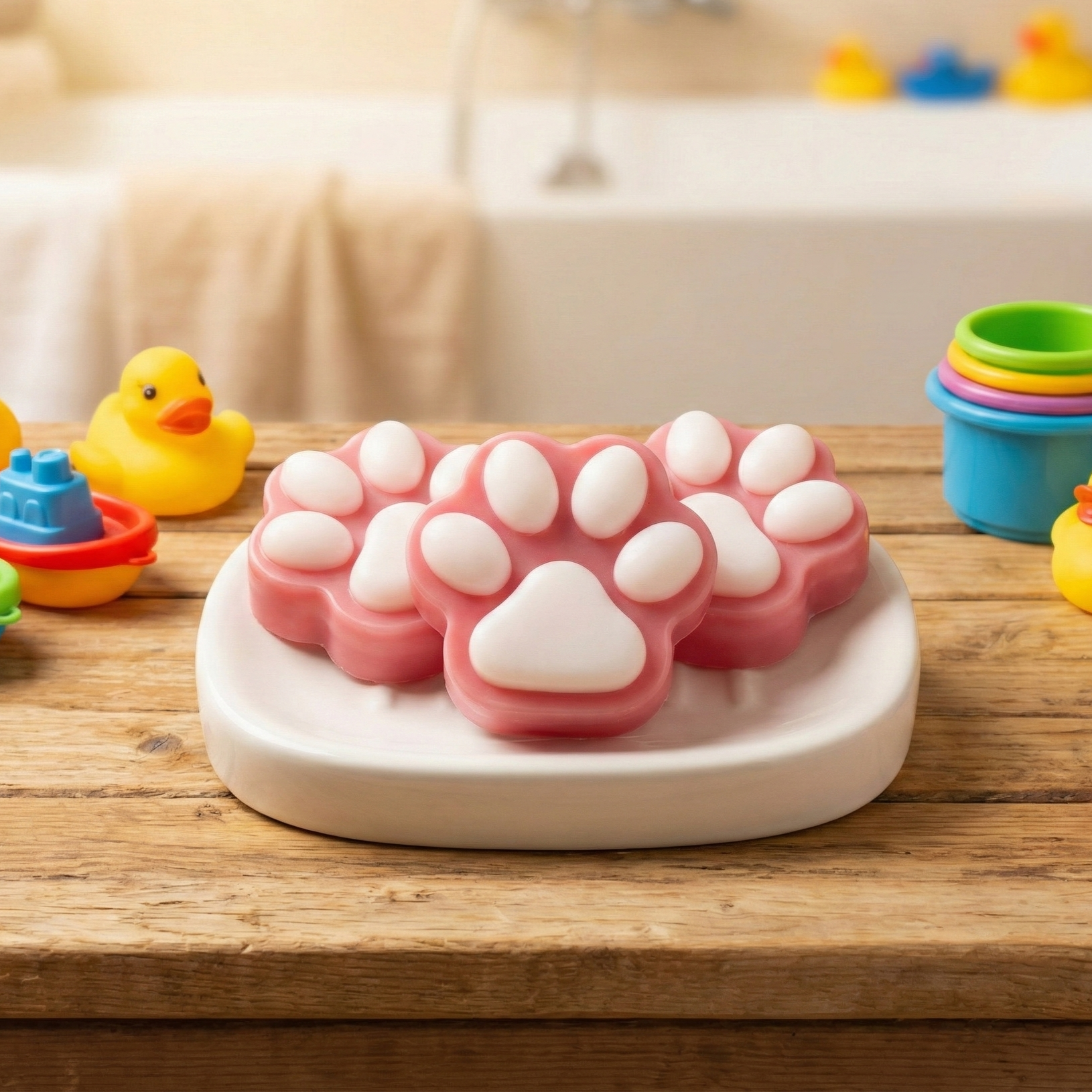 Delikatne mydło dla dzieci Truskawkowa Babeczka w kształcie różowej łapki. Wesoła kąpiel z gumowymi kaczuszkami.