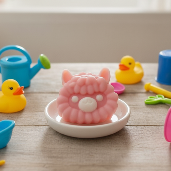 Różowe mydło dla dzieci Truskawkowa Lama o wyglądzie puszystej owieczki. Wesoła aranżacja z gumowymi kaczuszkami.