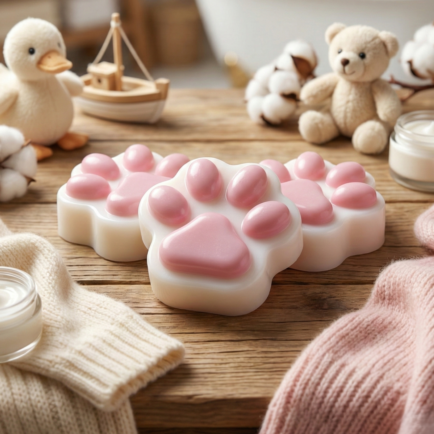 Delikatne mydło dla dzieci Łapka Misia w kształcie łapki. Różowo-białe mydełka w aranżacji z gumową kaczuszką i misiem.