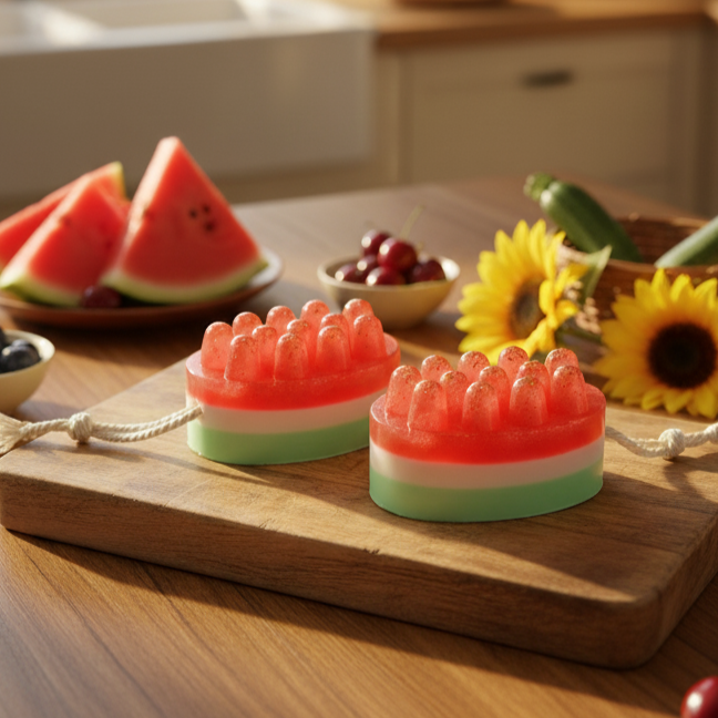 Trójkolorowe mydło do masażu Arbuzowy Rytuał przypominające arbuz. Czerwono-zielona kostka z wypustkami i sznurkiem