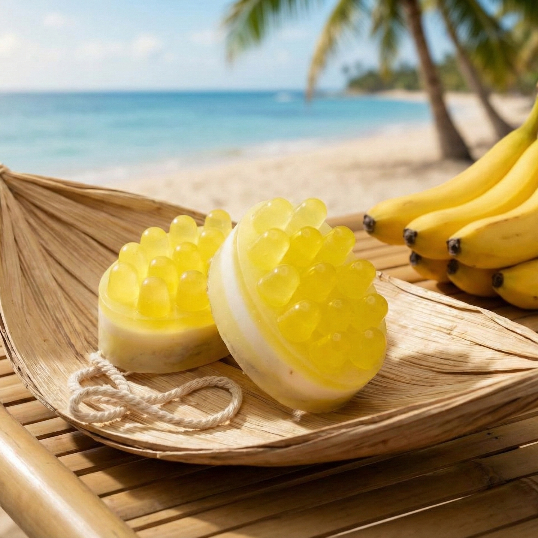 Żółte mydło do masażu Banana Smoothie na drewnianej tacy w kształcie łódki. Tropikalna sceneria plaży z kiścią bananów.