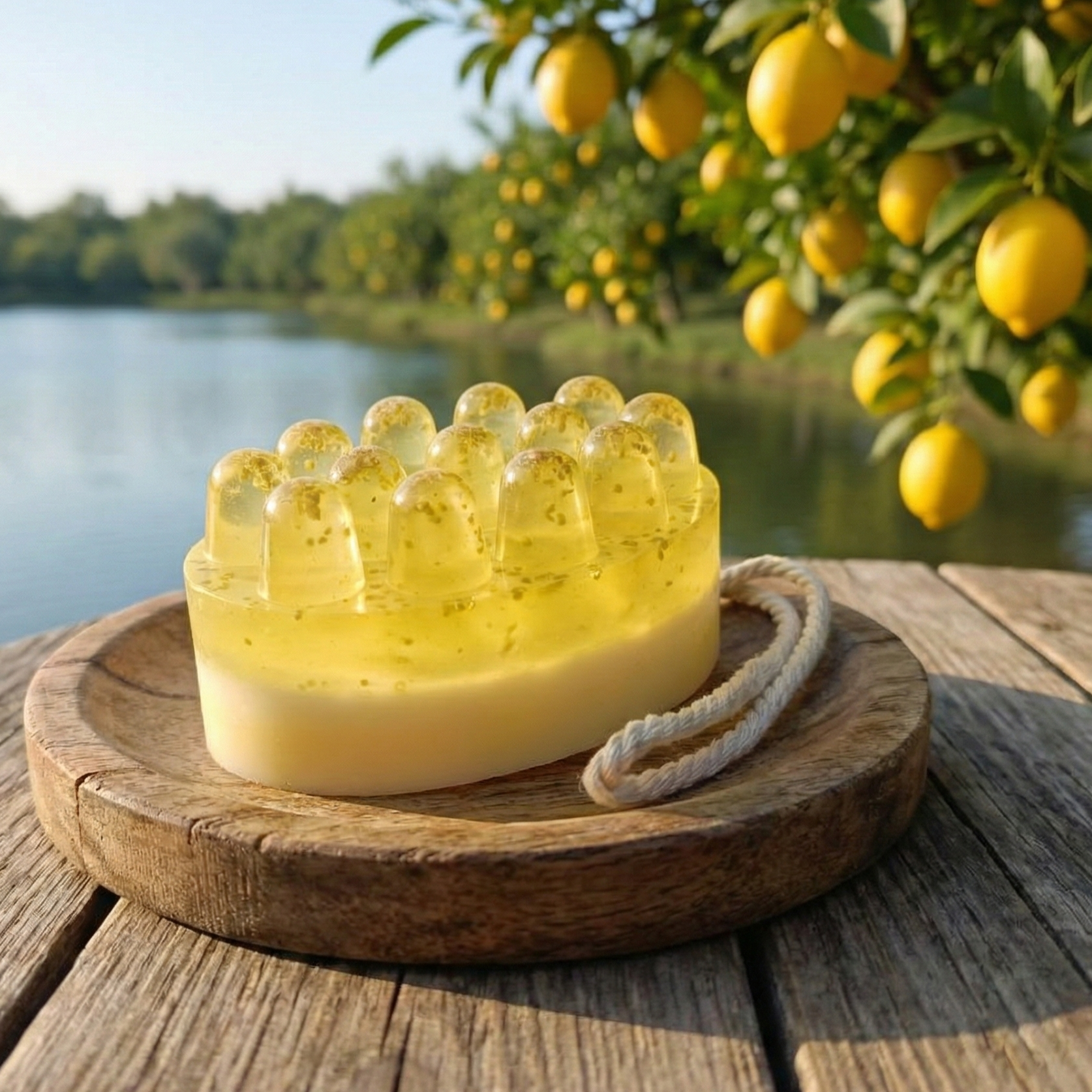 Żółte mydło do masażu Cytrusowy Detox z widocznymi drobinkami peelingu. Naturalne mydełko z wypustkami w scenerii drzew cytrynowych.