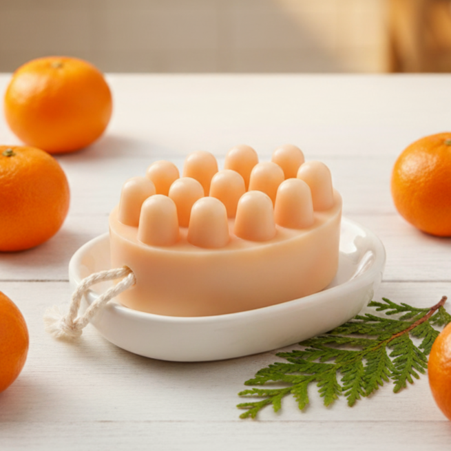 Mandarynowe mydło do masażu Cytrusowy Rytuał z wypustkami. Zapach słodkiej mandarynki w otoczeniu świeżych owoców.