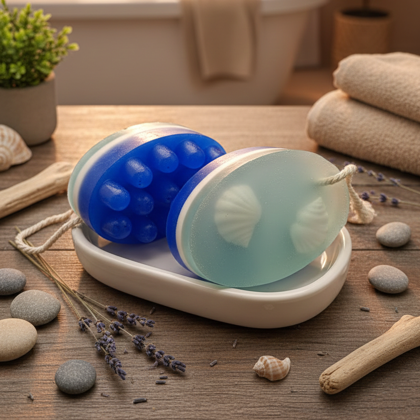 Niebieskie mydło do masażu Fala Orzeźwienia z wypustkami i motywem muszli. Morski zapach Copacabana w aranżacji SPA.