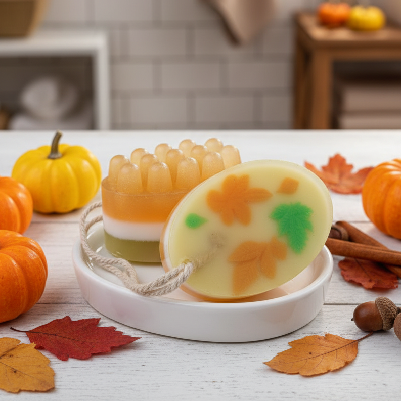 Mydło do masażu Jesienny Rytuał z motywem liści i wypustkami. Zapach Cynamonowe Latte w otoczeniu dyń i cynamonu. 