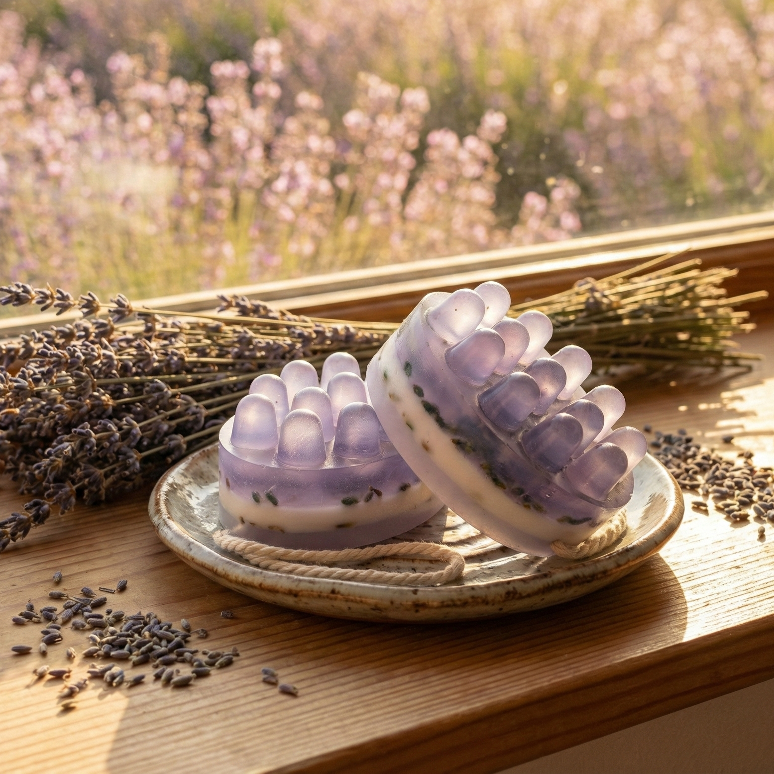 Fioletowe mydło do masażu Lawendowy Sen z wypustkami i zatopionym suszem lawendowym. Naturalne mydło na słonecznym parapecie.