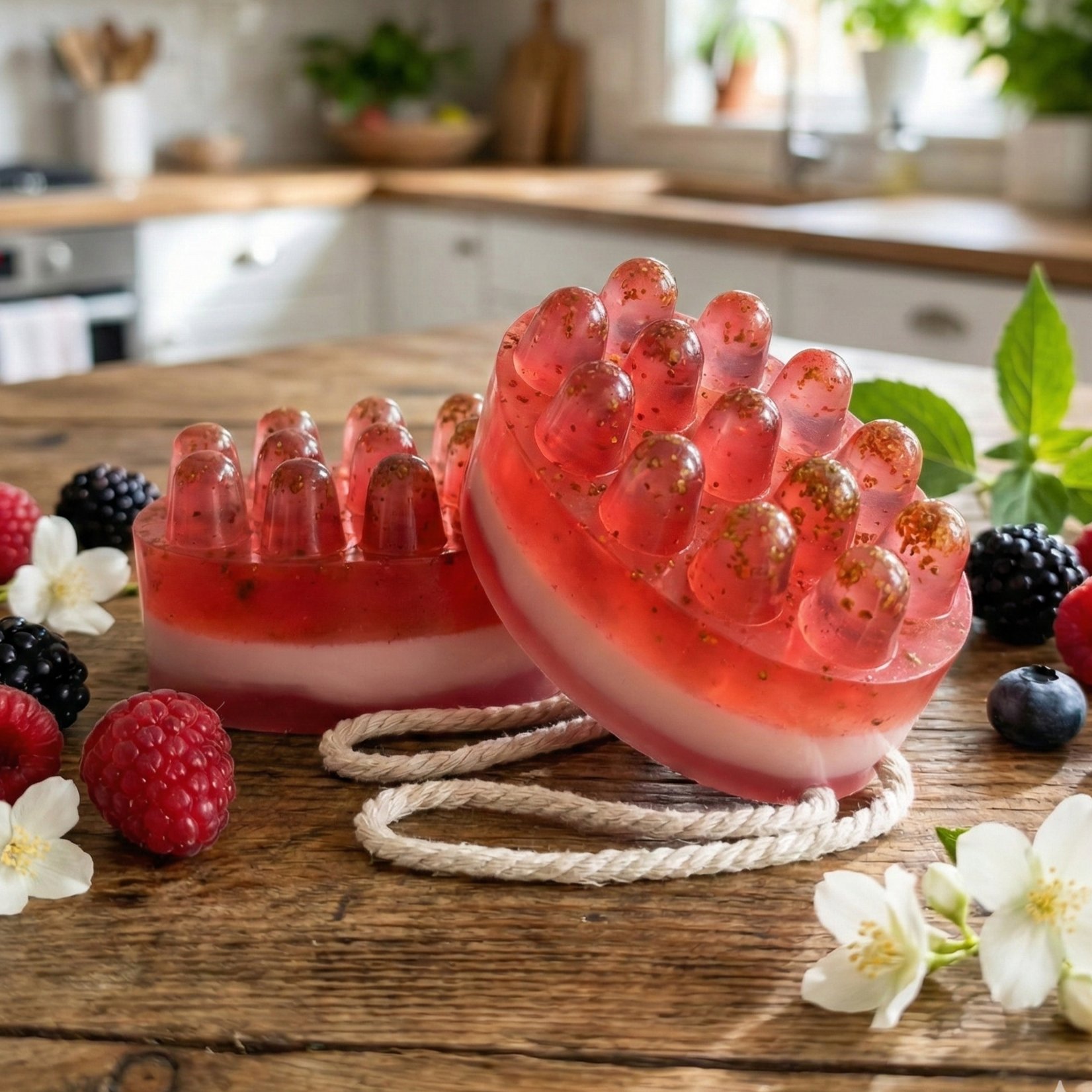 Czerwone mydło do masażu Malinowy Koktajl z peelingiem z zielonej kawy. Owocowe mydełko z wypustkami w otoczeniu malin.