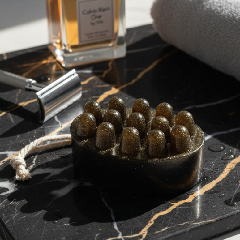 Czarne mydło do masażu Onyx One ze sznurkiem i złotym pyłem. Elegancka aranżacja łazienkowa z perfumami i maszynką.