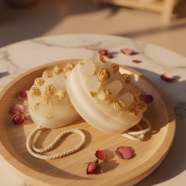 Naturalne mydło do masażu Owsiany Kompres z zatopionymi płatkami i wypustkami na drewnianej tacy.