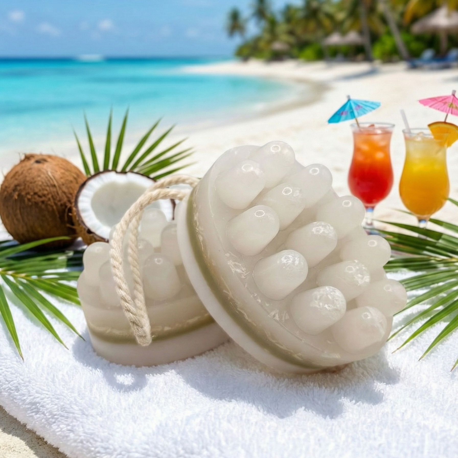 Białe mydło do masażu Rajska Plaża z zatopionymi wiórkami kokosowymi. Naturalne mydełko z wypustkami o zapachu kokosa.