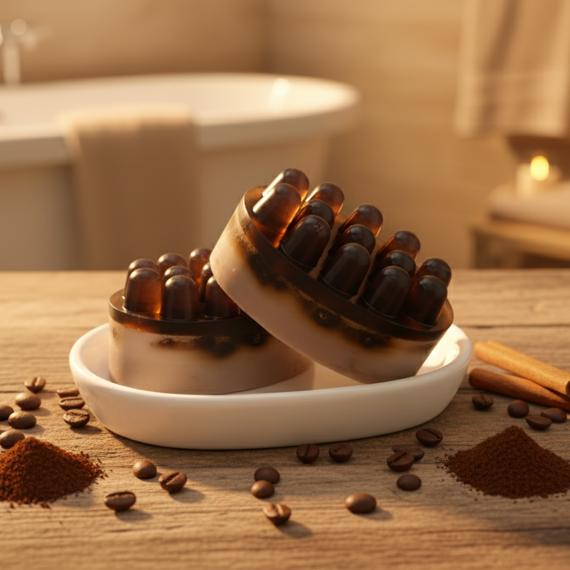 Dwuwarstwowe mydło do masażu Waniliowe Latte z peelingiem z kawy. Naturalne mydło z wypustkami w otoczeniu ziaren kawy.