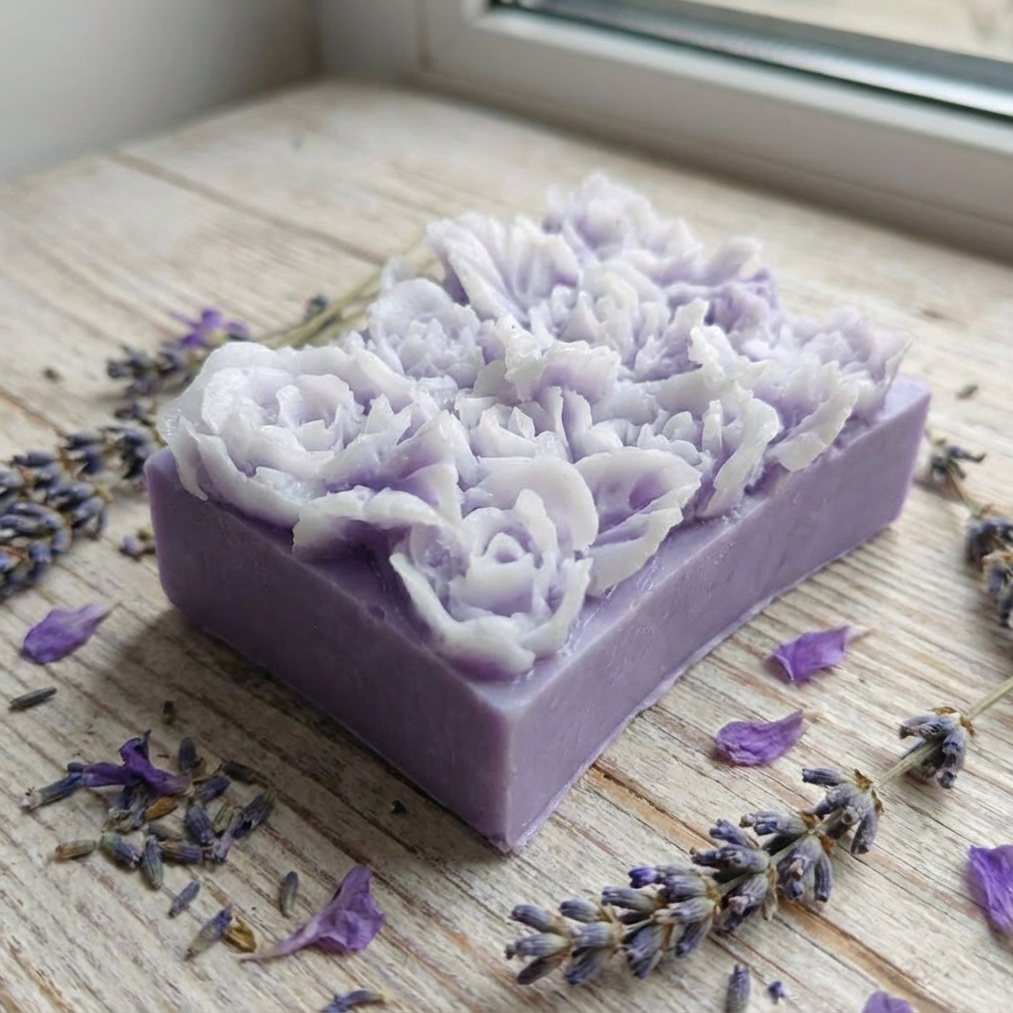 Fioletowe mydło Fiołkowe Marzenie z biało-liliowym kwiatowym zdobieniem 3D, otoczone suszoną lawendą. Zapach fiołka.