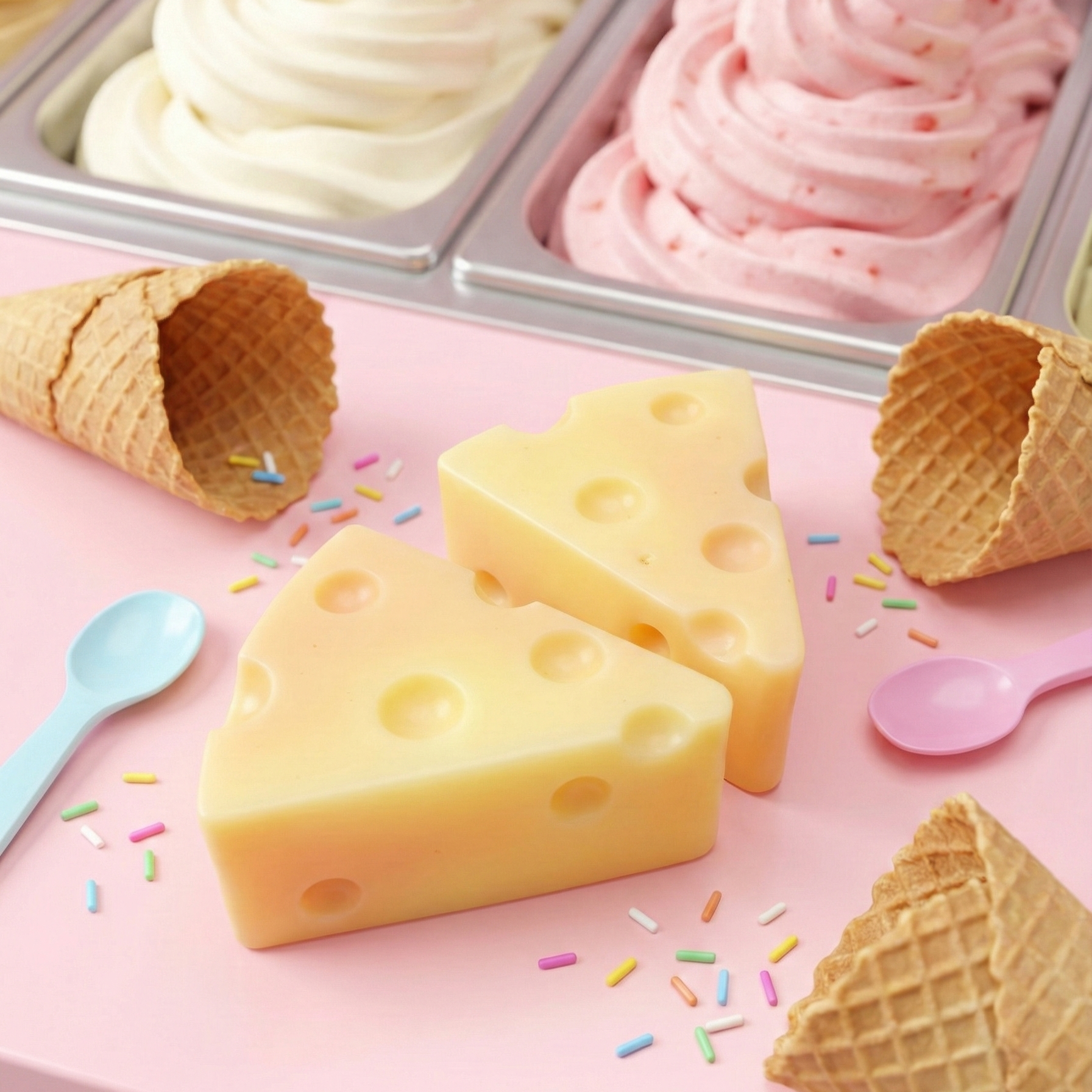 Żółte mydło Gelato w kształcie sera na różowym tle. Słodka aranżacja z wafelkami do lodów i kolorową posypką.
