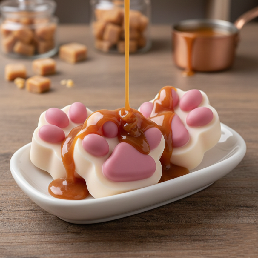 Białe mydła Karmelowa Łapka z różowymi poduszkami polewane gęstym sosem. Słodka aranżacja o zapachu karmelu.