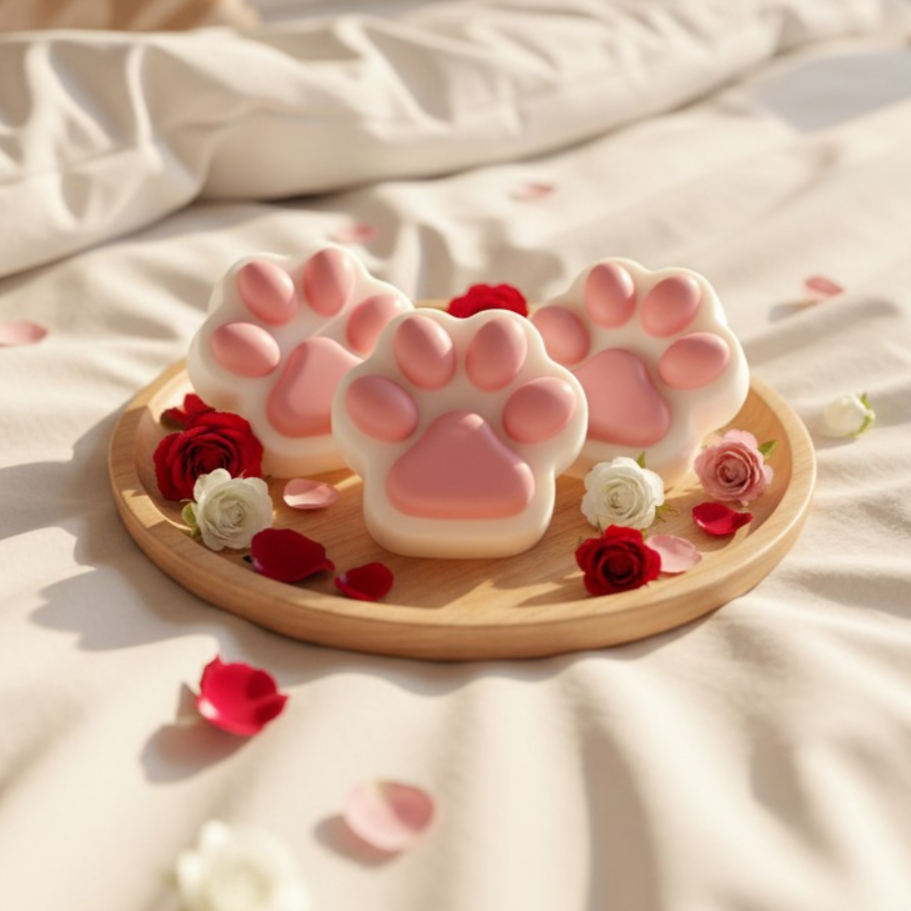 Naturalne mydło Kaszmirowa Łapka o zapachu Cashmere Cream. Biało-różowe mydełka na drewnianej tacy w otoczeniu róż.