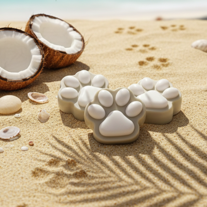 Mydła Kokosowa Łapka w kształcie łapek na piasku. Tropikalna aranżacja plażowa z połówkami kokosa.