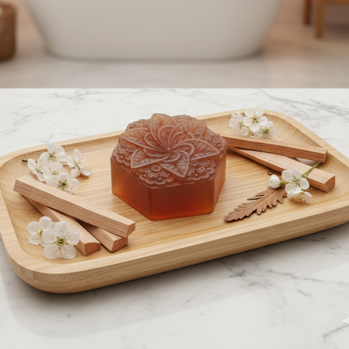 Bursztynowe mydło Leśna Terapia do skóry problematycznej. Sześciokątna kostka z tłoczeniem o zapachu drzewa sandałowego.