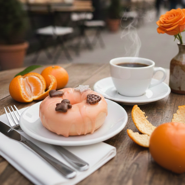 Różowe mydło Mandarynkowy Donut w kształcie pączka z polewą. Kawiarniana aranżacja ze świeżą mandarynką i kawą.