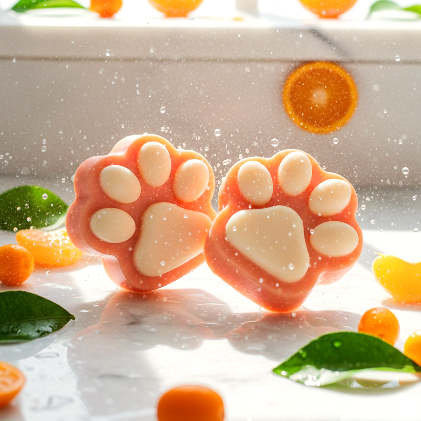 Różowo-kremowe mydło Słoneczna Łapka w kształcie łapki. Orzeźwiająca kompozycja z wodą i mandarynkami.