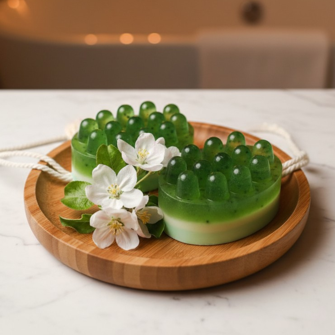 Zielone mydło masujące Rajski Sad z wypustkami o zapachu gruszki i jabłka, ułożone na drewnianej tacy z białymi kwiatami.