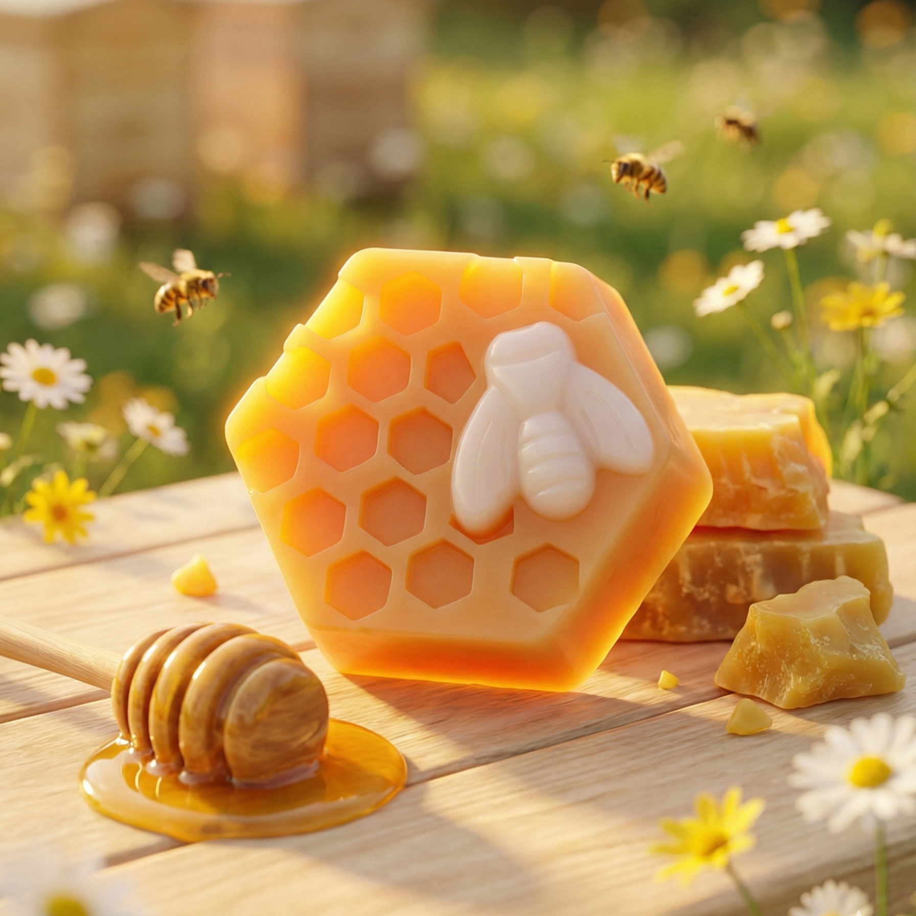 Naturalne mydło Mleko i Miód w kształcie plastra miodu z białą pszczółką. Żółte mydełko w słonecznej, letniej scenerii.