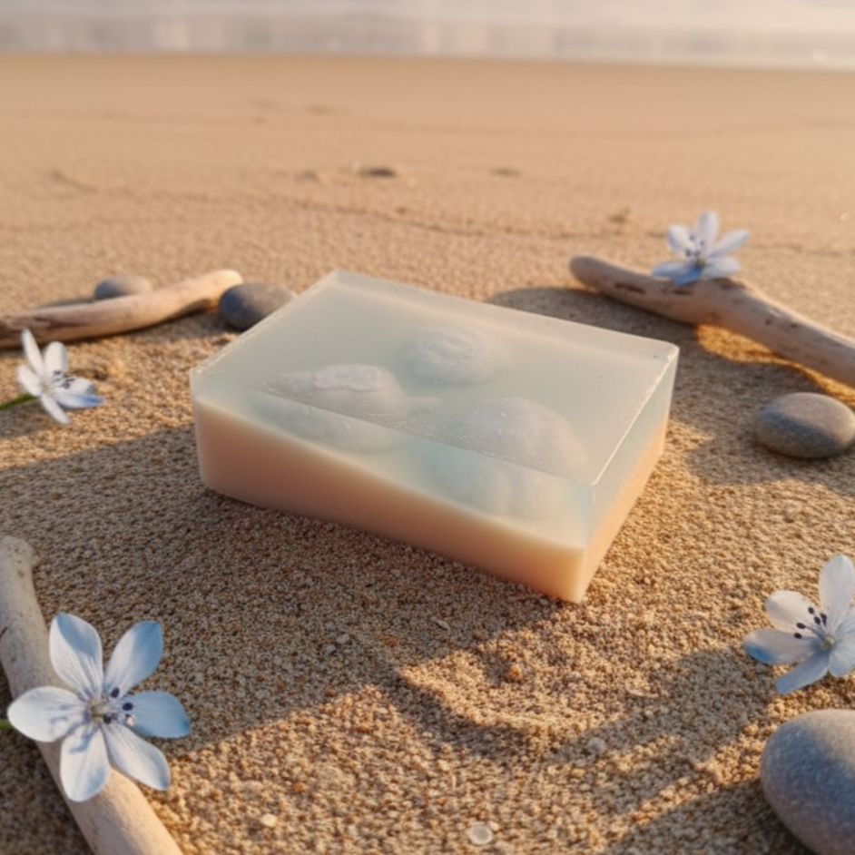 Dwuwarstwowe mydło naturalne Cool o zapachu morskim i neroli, ułożone na piasku na tle fal.