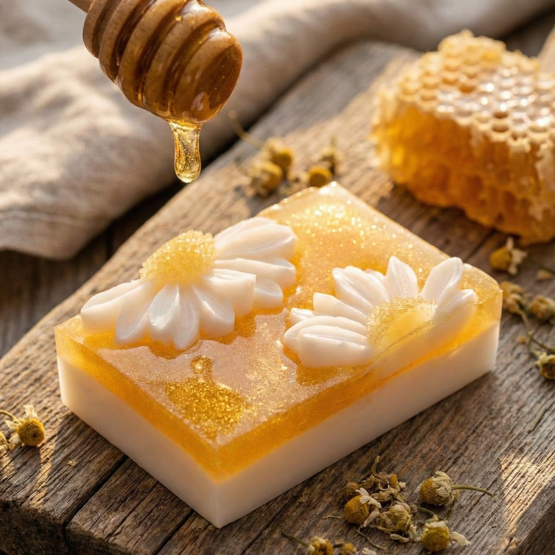 Złociste, dwuwarstwowe mydło Miodowa Pokusa z zatopionymi białymi kwiatami i drobinami o zapachu ciasta miodowego.