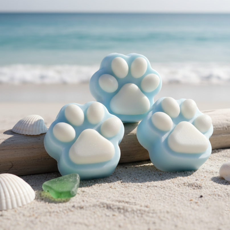 Niebieskie mydło Oceaniczna Łapka w kształcie łapki na plaży. Świeże mydełko o morskim zapachu na kawałku drewna.