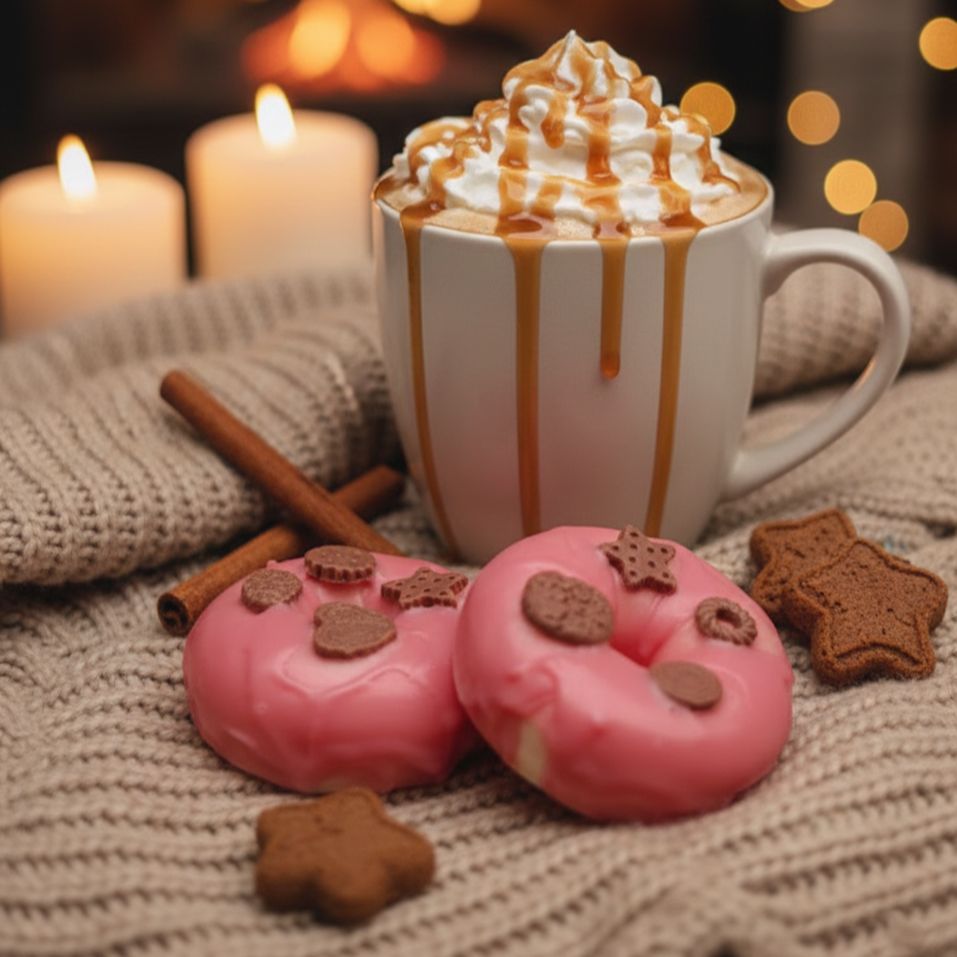 Różowe mydła Różowy Donut w kształcie pączków na wełnianym kocu. Słodka, zimowa aranżacja z karmelem i cynamonem.