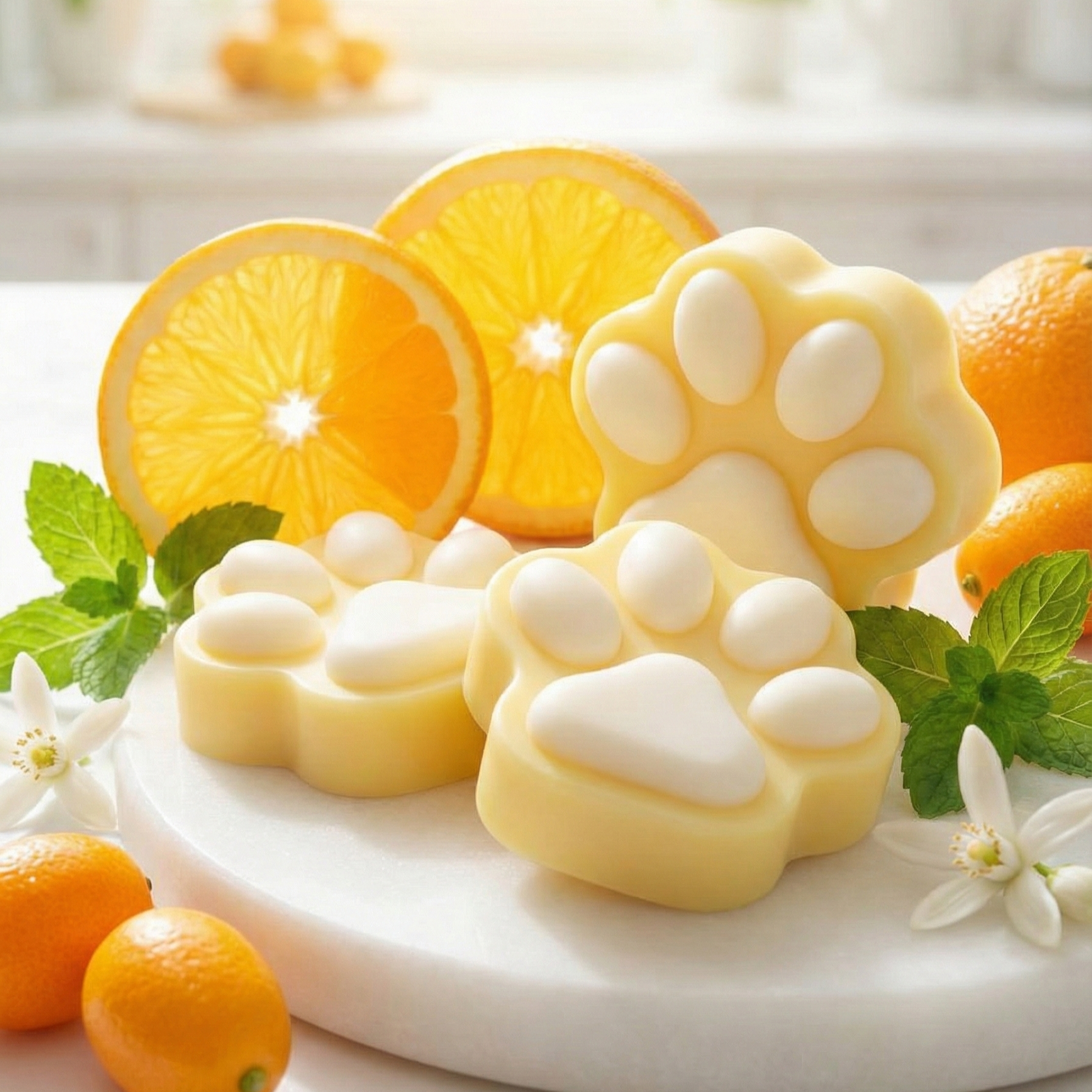 Kremowe mydła Słoneczna Łapka w kształcie łapki na marmurowej tacy. Świeża aranżacja z plastrami pomarańczy i kwiatami.