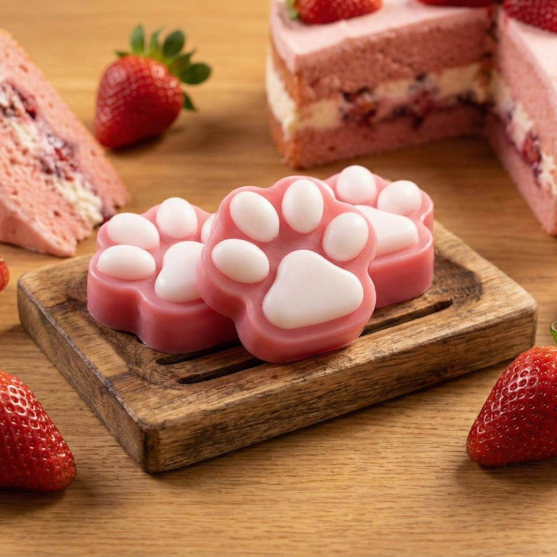 Różowe mydło Truskawkowa Babeczka w kształcie łapki na drewnianej tacy. Słodka aranżacja ze świeżymi truskawkami i ciastem.