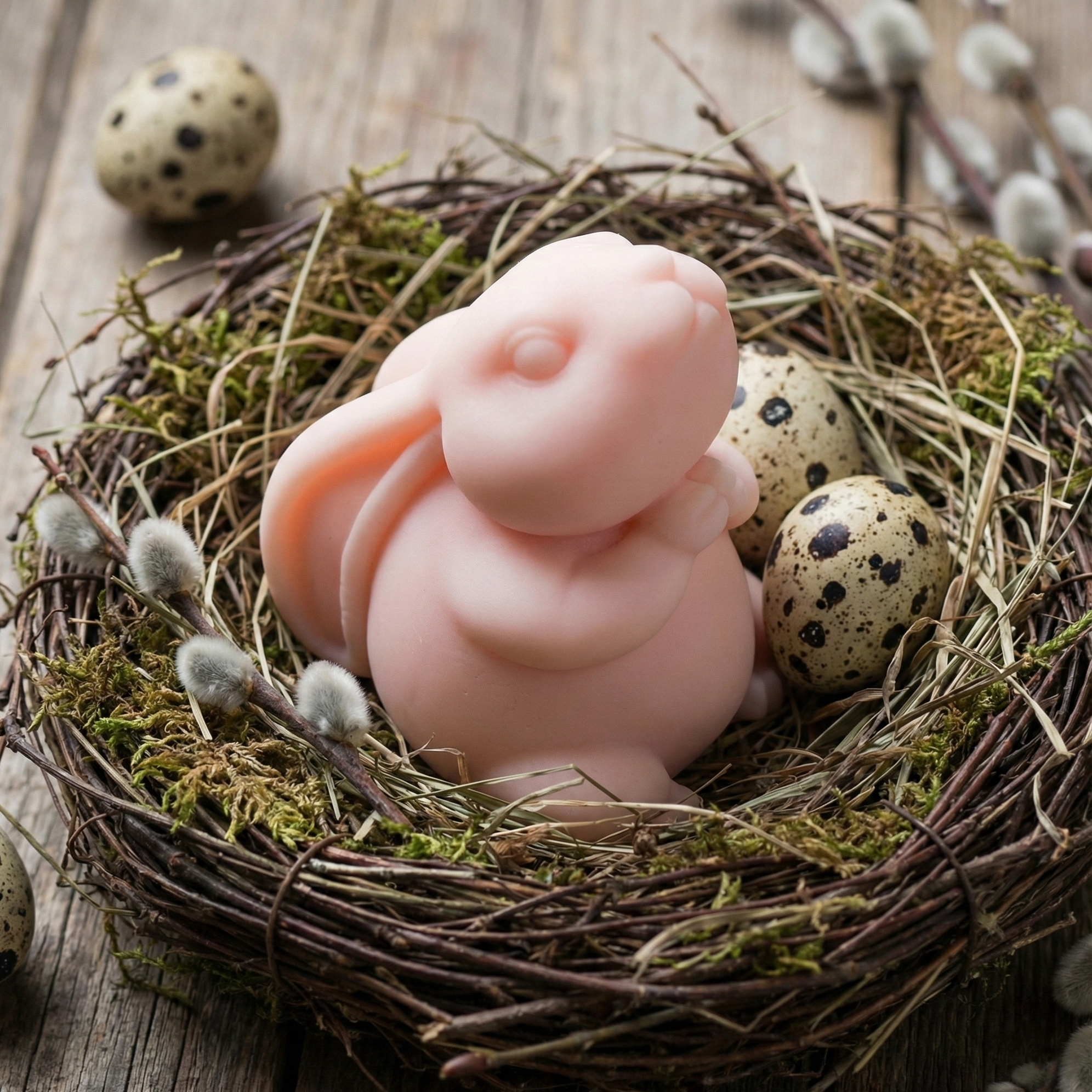 Różowe mydło Truskawkowy Zajączek w kształcie królika w gnieździe z nakrapianymi jajkami i baziami. Zapach truskawki.