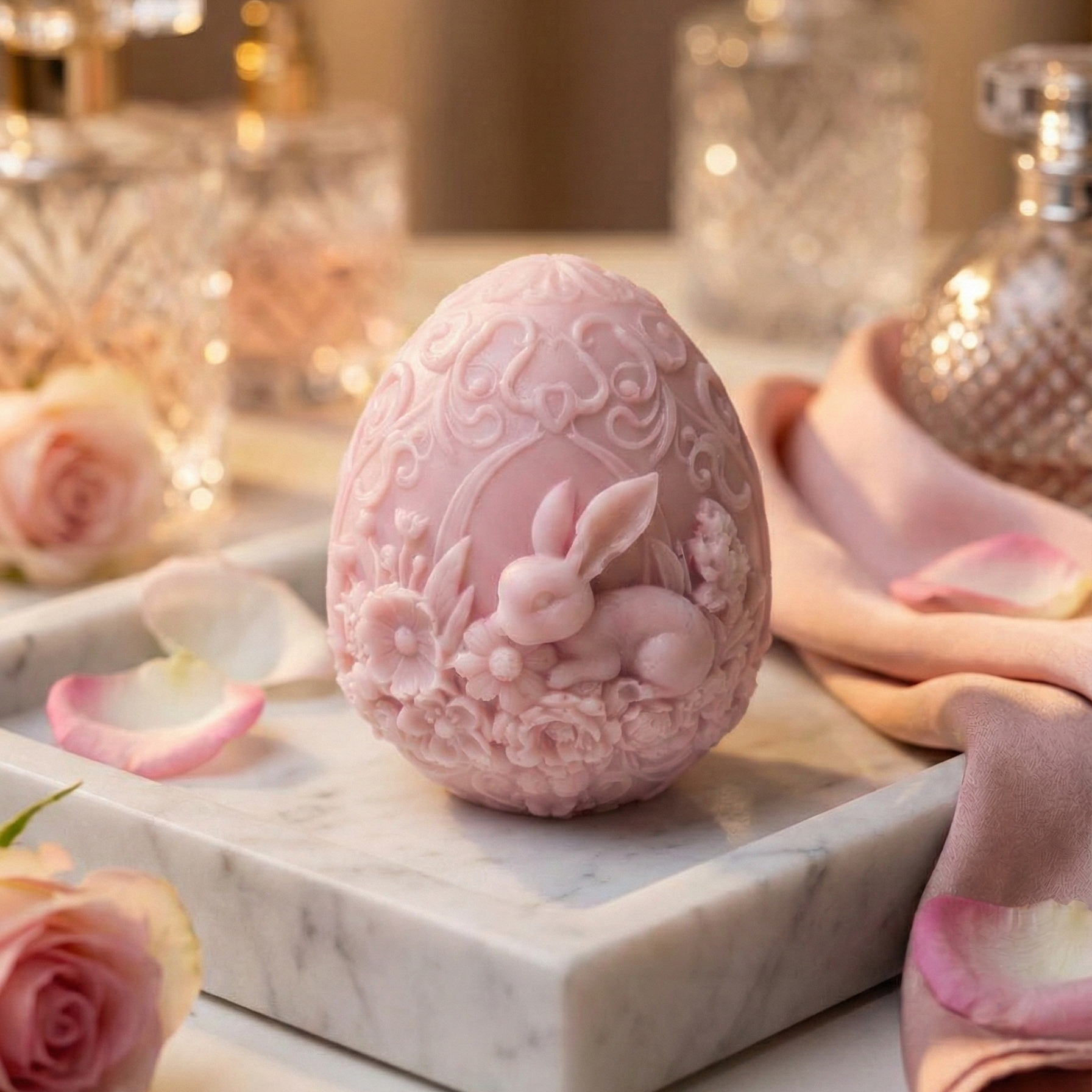 Różowe mydło Wiosenny Klejnot w kształcie jajka z rzeźbionym królikiem, ułożone na marmurze wśród płatków róż.
