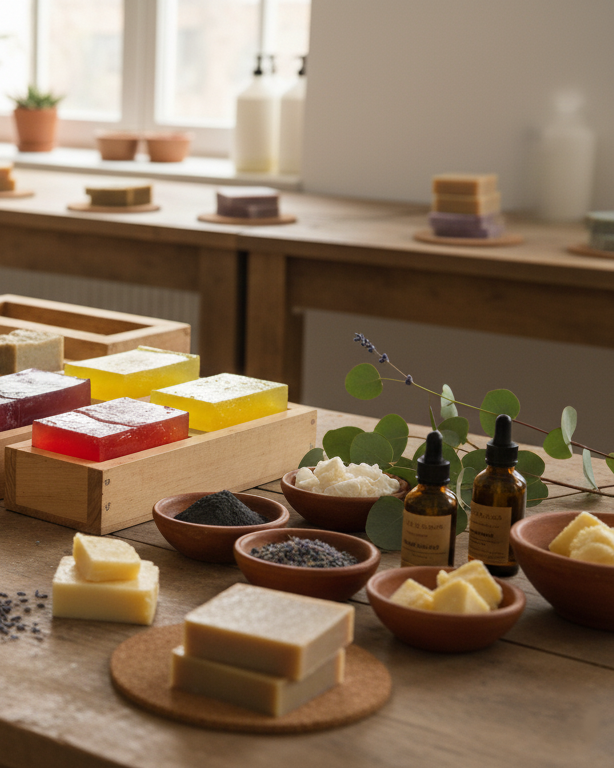 Drewniany stół w pracowni mydlarskiej z formami, blokami mydła, miseczkami z glinką i olejkami eterycznymi.