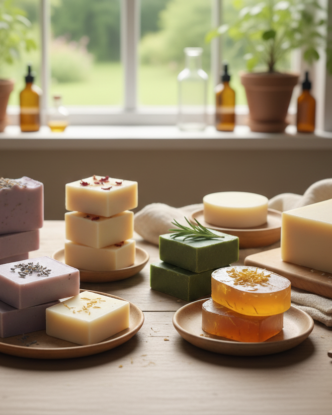 Różne naturalne mydła ułożone na drewnianym stole w słonecznej pracowni. W tle okno i butelki z ekologicznymi olejkami.