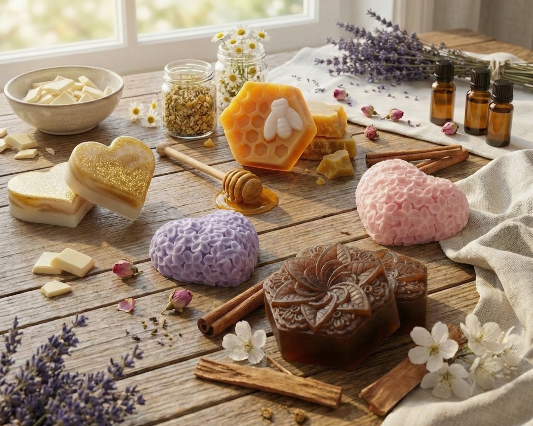Różnorodne ozdobne mydła naturalne w kształcie serc i plastrów miodu na drewnianym stole przy oknie z widokiem na ogród.
