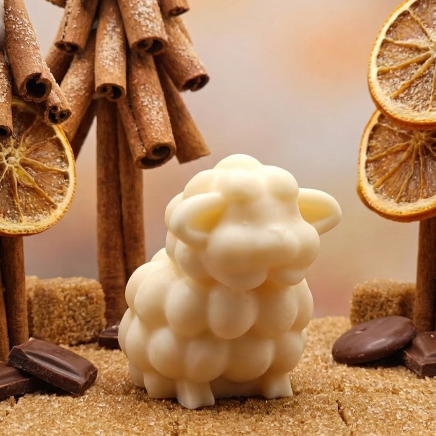 Białe mydło Owieczka Czekoladka o teksturze wełny, na plastrze drewna wśród ziaren kakao i ciemnej czekolady.